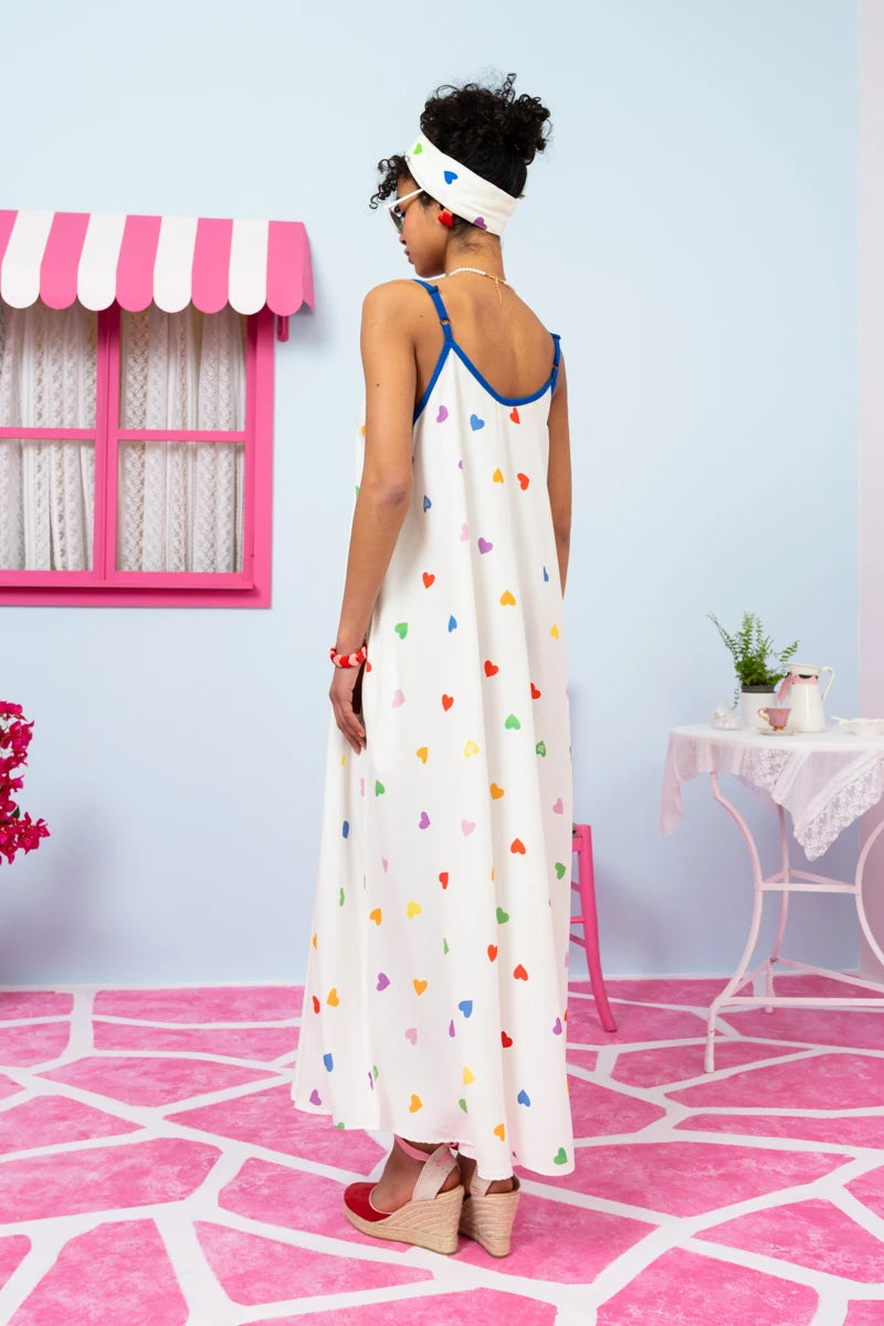 Matina Dress Vis Cream Hearts Rainbow Color Φόρεμα με Ζώνη & Τσέπες Petit Boutik