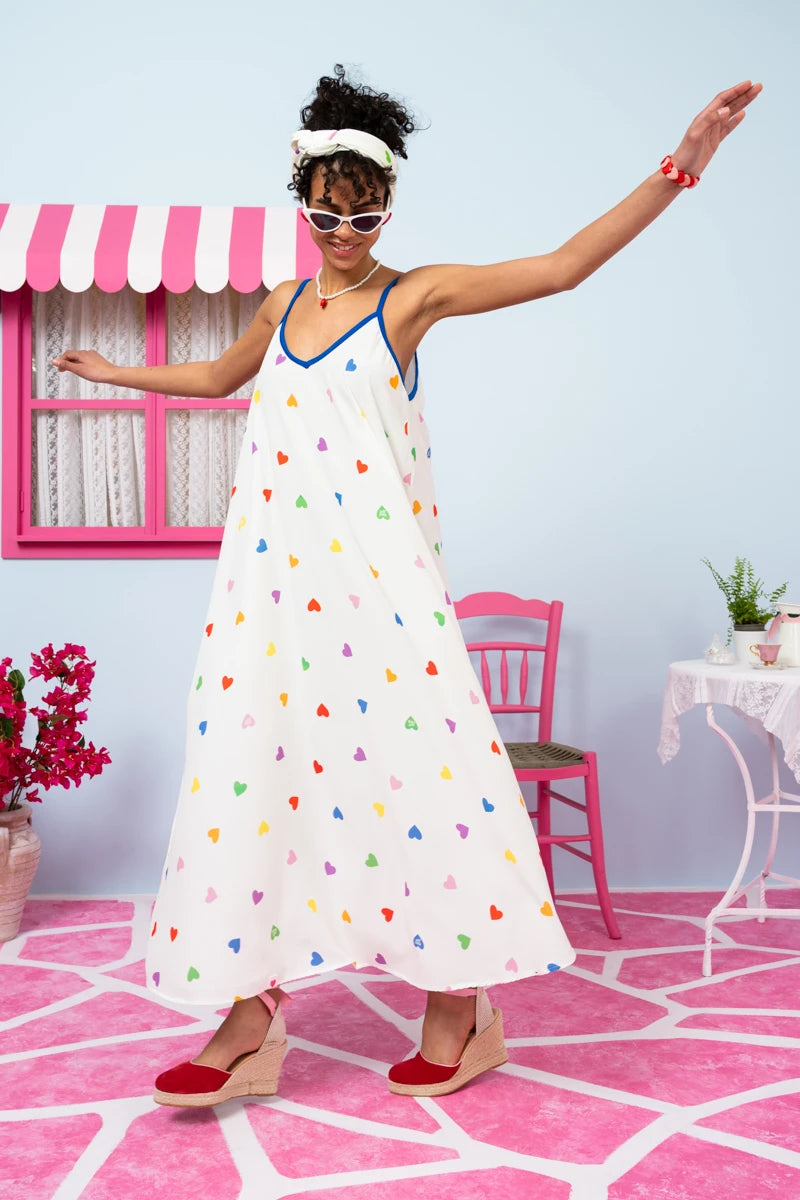 Matina Dress Vis Cream Hearts Rainbow Color Φόρεμα με Ζώνη & Τσέπες Petit Boutik