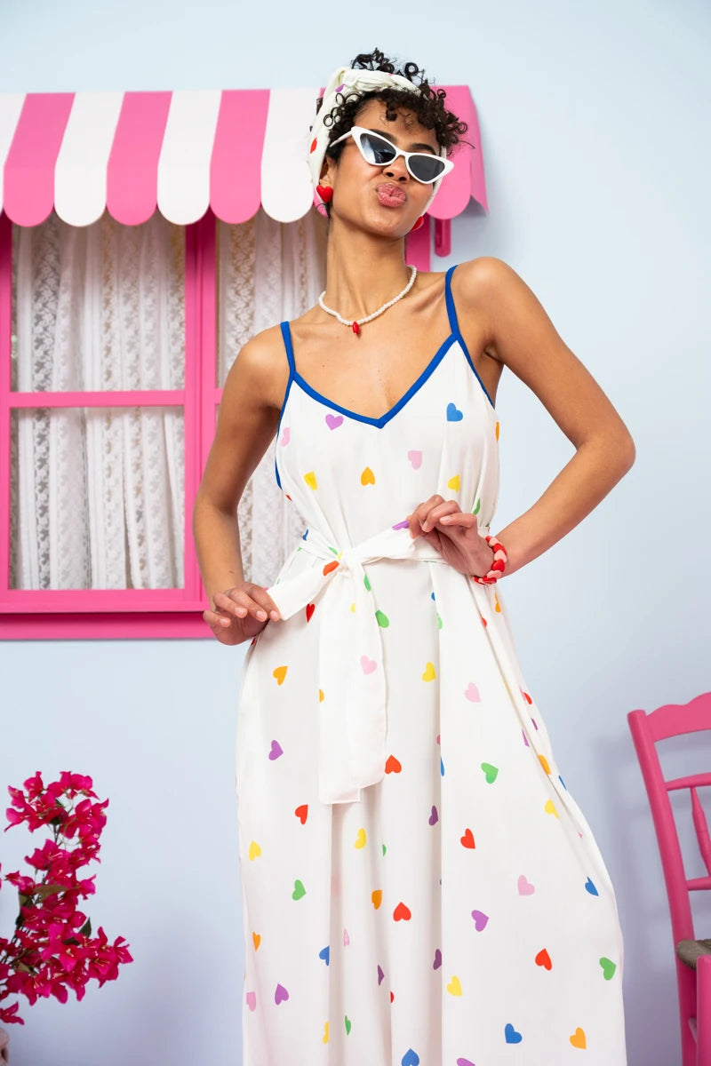 Matina Dress Vis Cream Hearts Rainbow Color Φόρεμα με Ζώνη & Τσέπες Petit Boutik