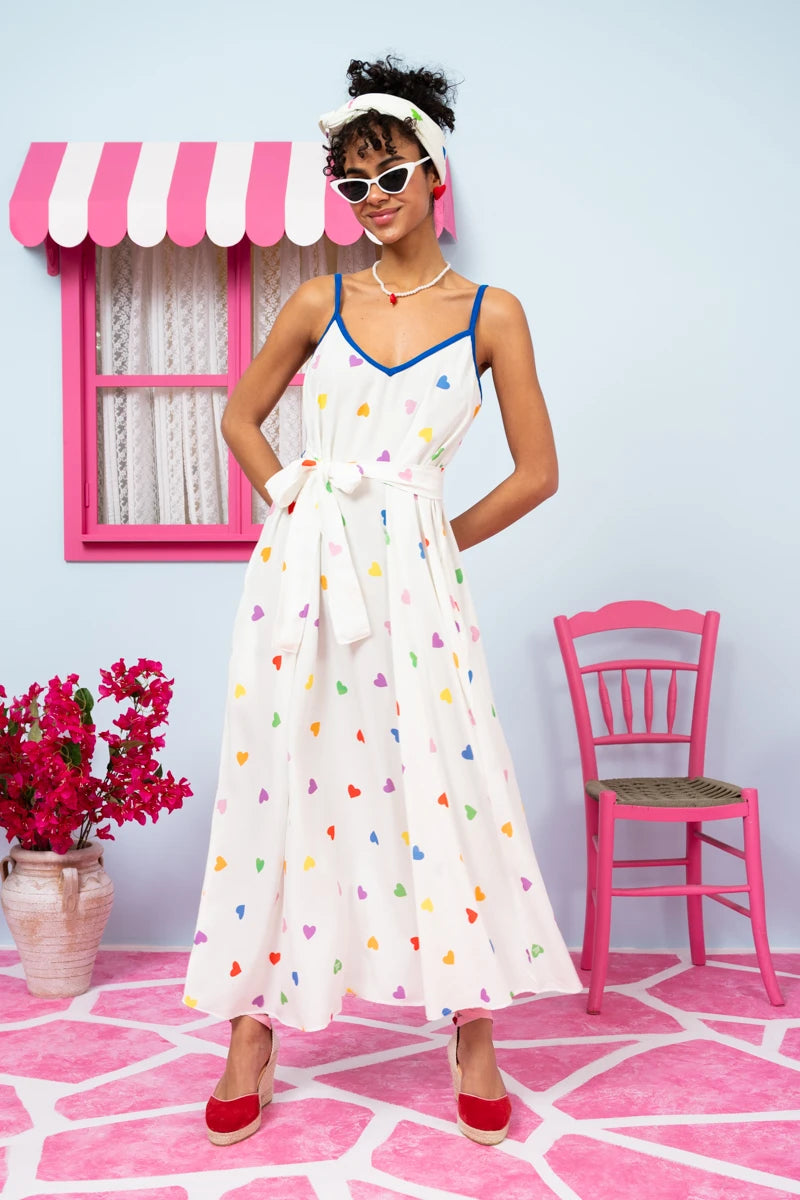 Matina Dress Vis Cream Hearts Rainbow Color Φόρεμα με Ζώνη & Τσέπες Petit Boutik