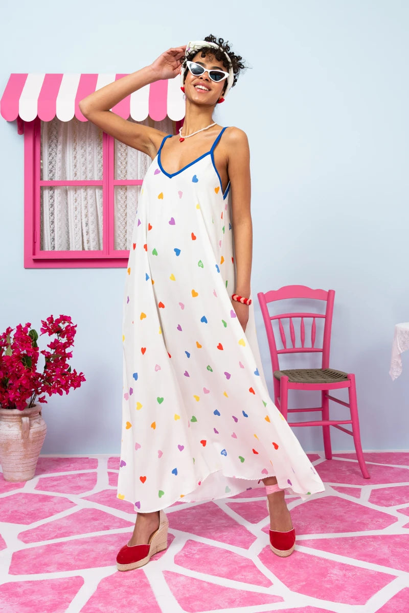 Matina Dress Vis Cream Hearts Rainbow Color Φόρεμα με Ζώνη & Τσέπες Petit Boutik