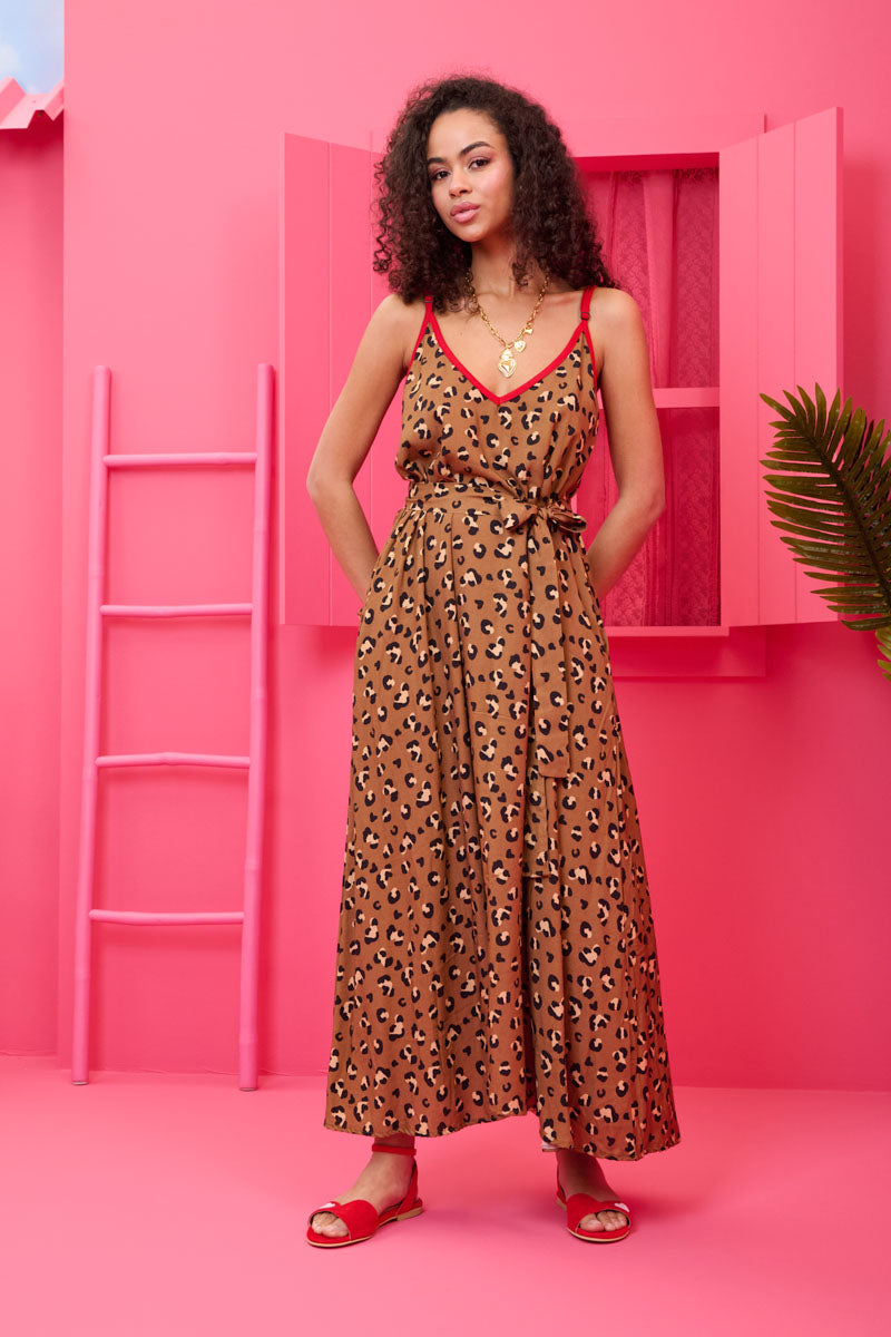 Matina Dress Vis Leopar Animal Print Φόρεμα με Ζώνη & Τσέπες Petit Boutik