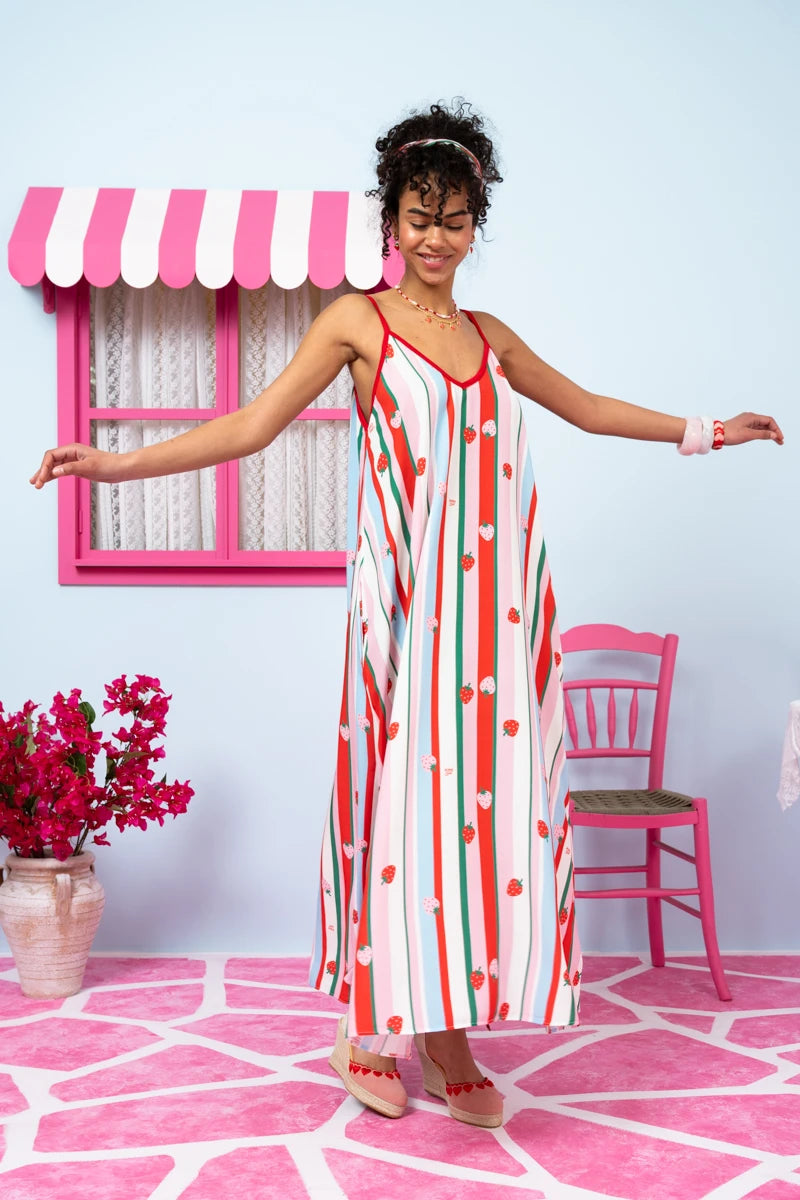 Matina Dress Vis Multi Stripes Strawberries Φόρεμα με Ζώνη & Τσέπες Petit Boutik