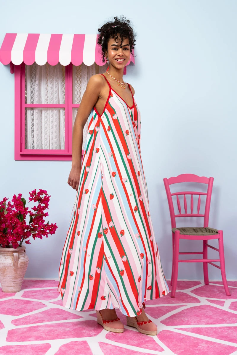 Matina Dress Vis Multi Stripes Strawberries Φόρεμα με Ζώνη & Τσέπες Petit Boutik