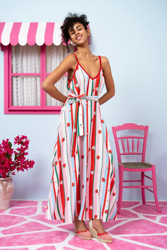 Matina Dress Vis Multi Stripes Strawberries Φόρεμα με Ζώνη & Τσέπες Petit Boutik