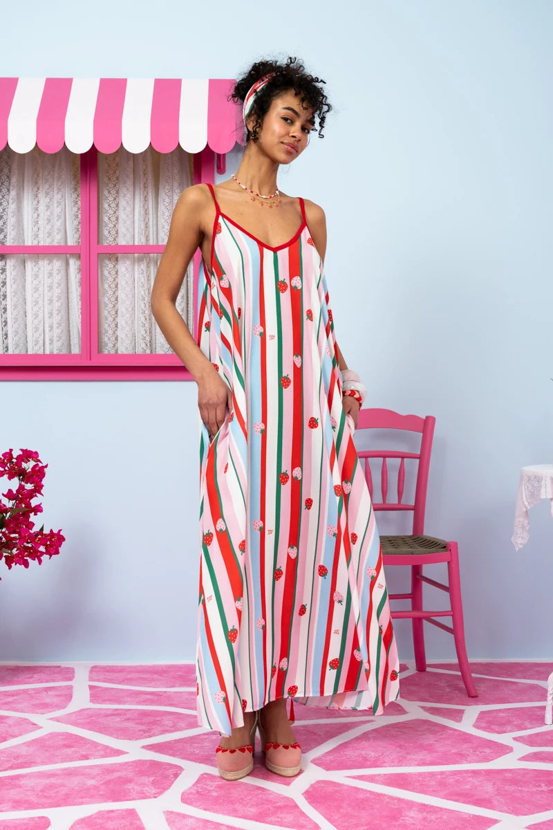 Matina Dress Vis Multi Stripes Strawberries Φόρεμα με Ζώνη & Τσέπες Petit Boutik