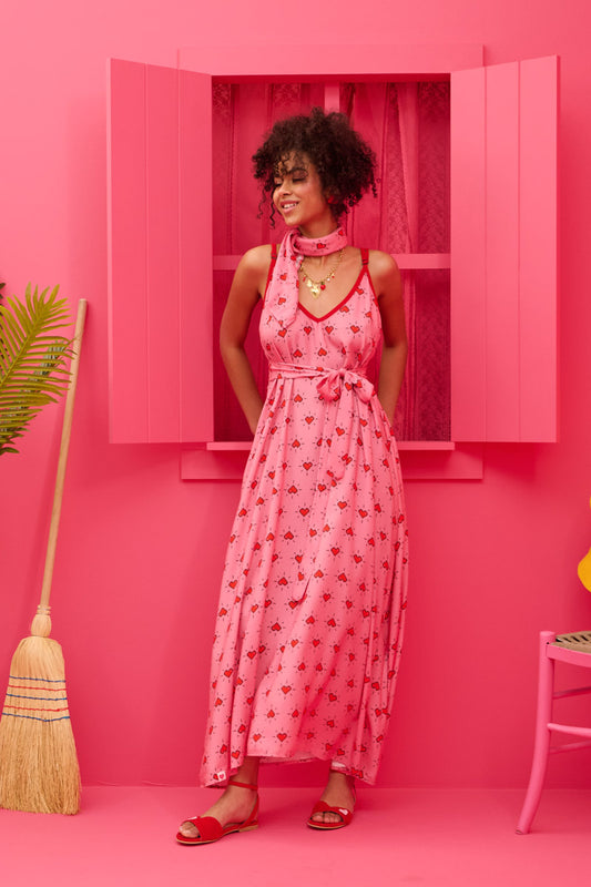 Matina Dress Vis Pink Hearts Pixel Φόρεμα με Ζώνη & Τσέπες Petit Boutik