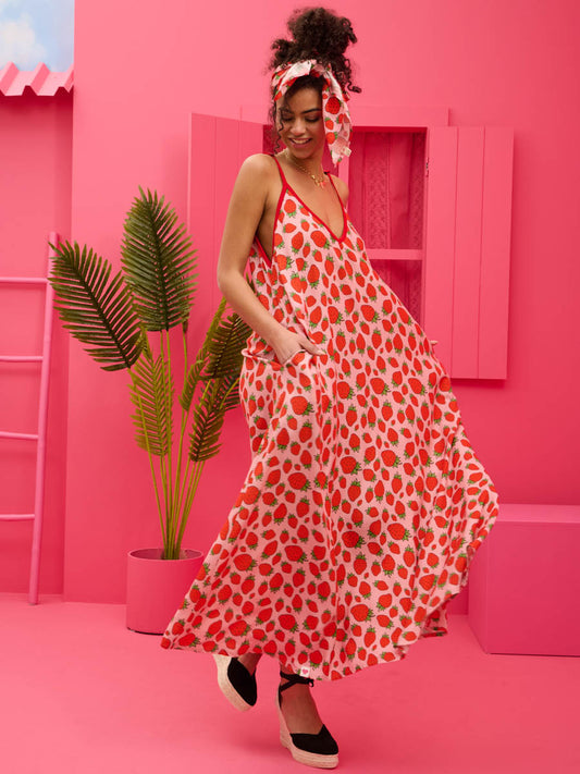 Matina Dress Vis Pink Strawberries Φόρεμα με Ζώνη & Τσέπες Petit Boutik