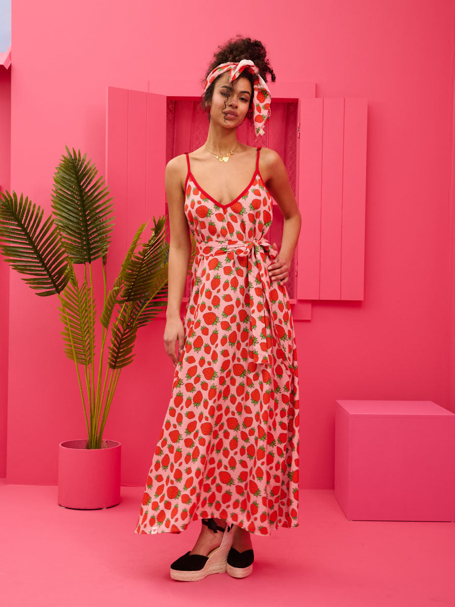 Matina Dress Vis Pink Strawberries Φόρεμα με Ζώνη & Τσέπες Petit Boutik
