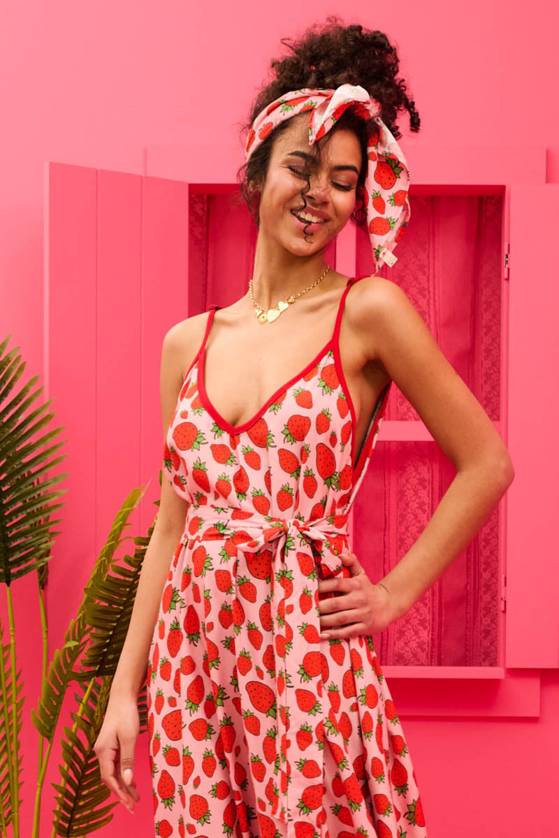 Matina Dress Vis Pink Strawberries Φόρεμα με Ζώνη & Τσέπες Petit Boutik