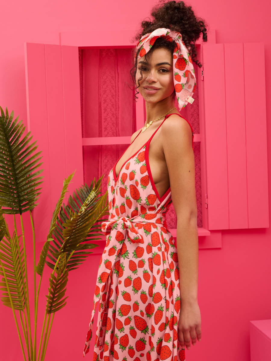 Matina Dress Vis Pink Strawberries Φόρεμα με Ζώνη & Τσέπες Petit Boutik