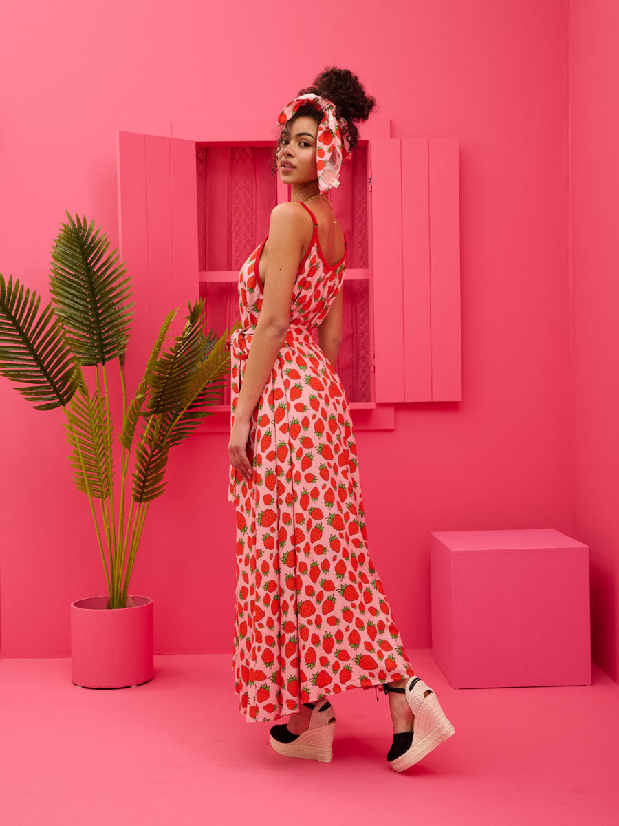 Matina Dress Vis Pink Strawberries Φόρεμα με Ζώνη & Τσέπες Petit Boutik