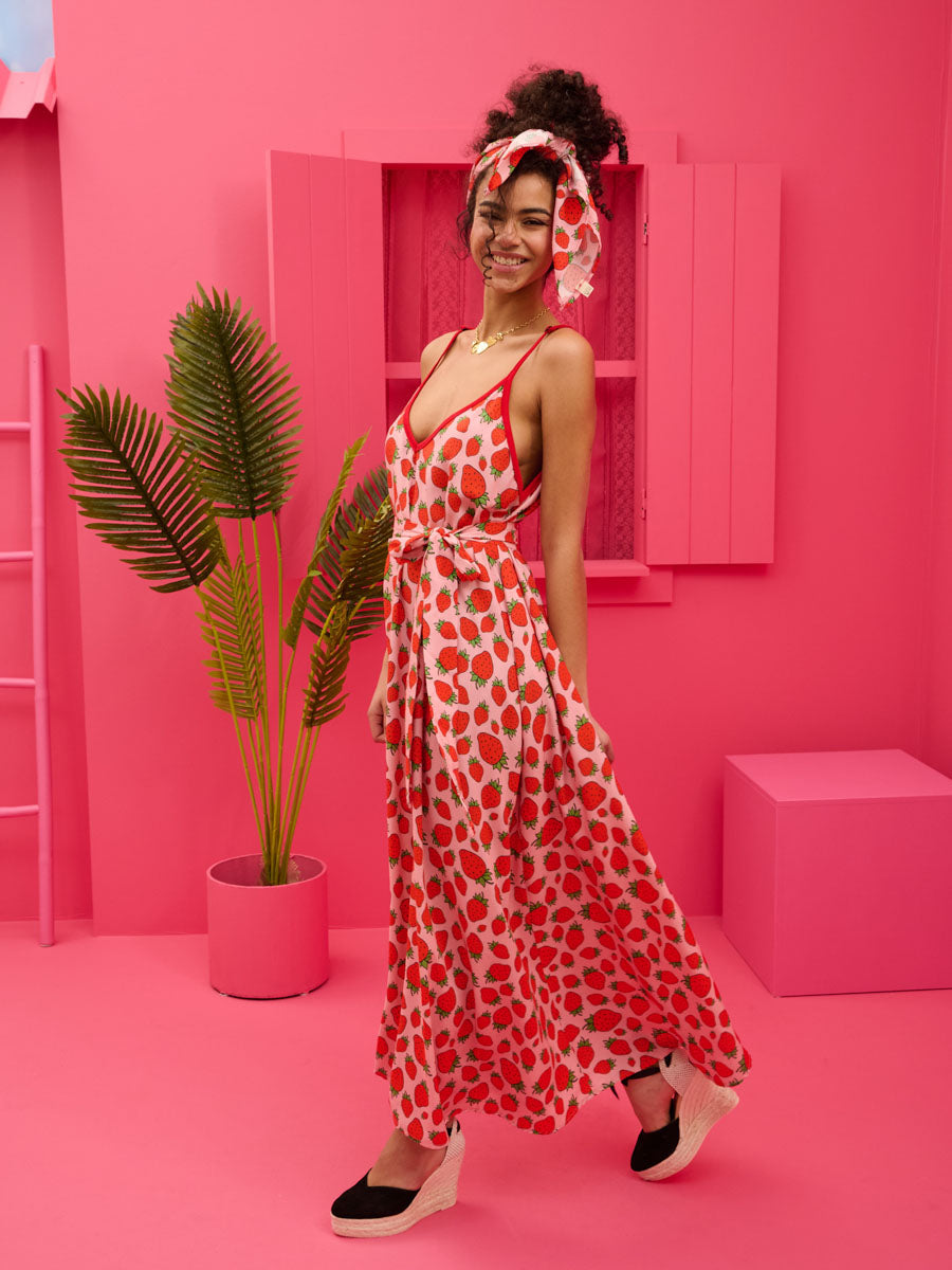 Matina Dress Vis Pink Strawberries Φόρεμα με Ζώνη & Τσέπες Petit Boutik