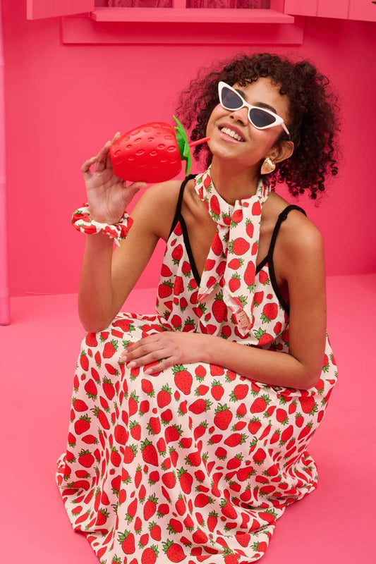 Matina Dress White Strawberries Φόρεμα με Ζώνη & Τσέπες Petit Boutik