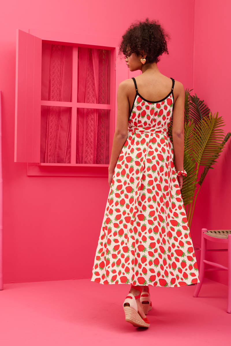 Matina Dress White Strawberries Φόρεμα με Ζώνη & Τσέπες Petit Boutik