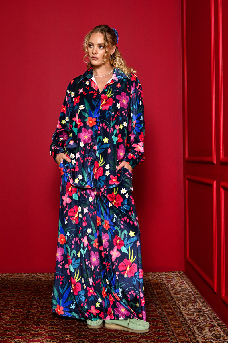 Maya Shirt Blue Floral Velvet Πουκάμισο Petit Boutik