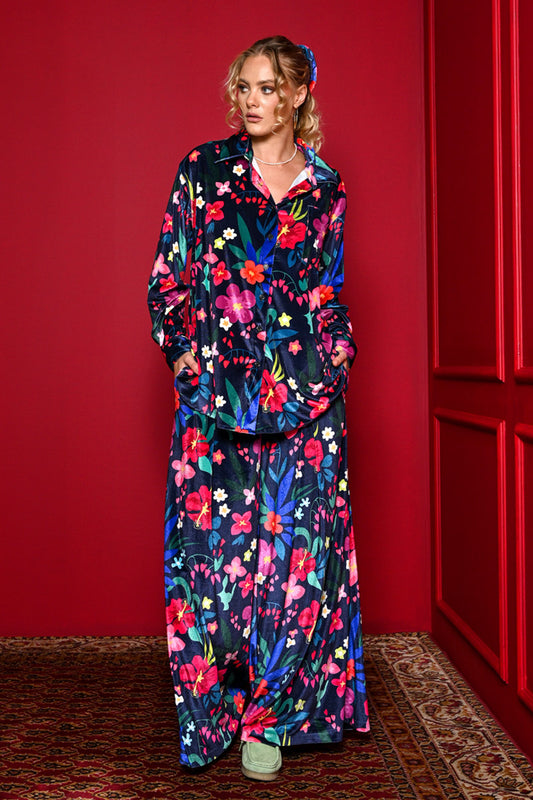 Rio Pants Blue Floral Velvet Παντελόνα με Λάστιχο Petit Boutik