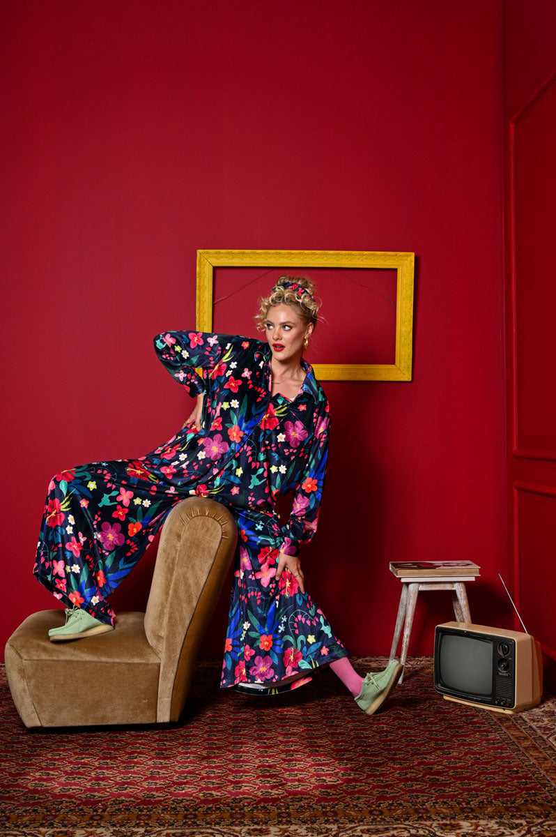 Maya Shirt Blue Floral Velvet Πουκάμισο Petit Boutik