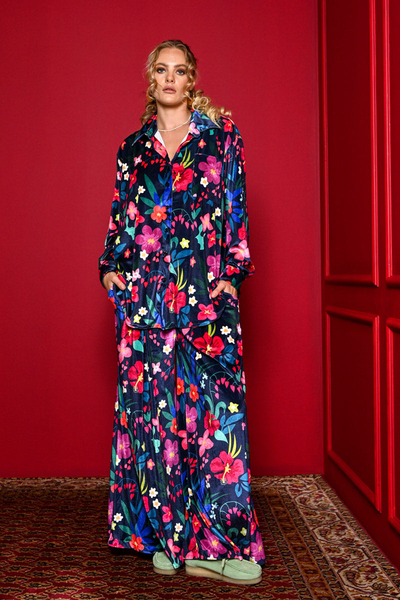 Maya Shirt Blue Floral Velvet Πουκάμισο Petit Boutik