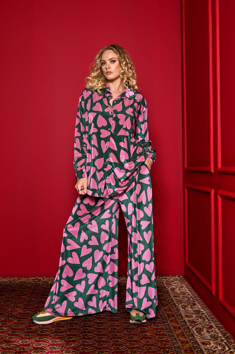 Maya Shirt Green Pink Hearts Velvet Rip Πουκάμισο Petit Boutik