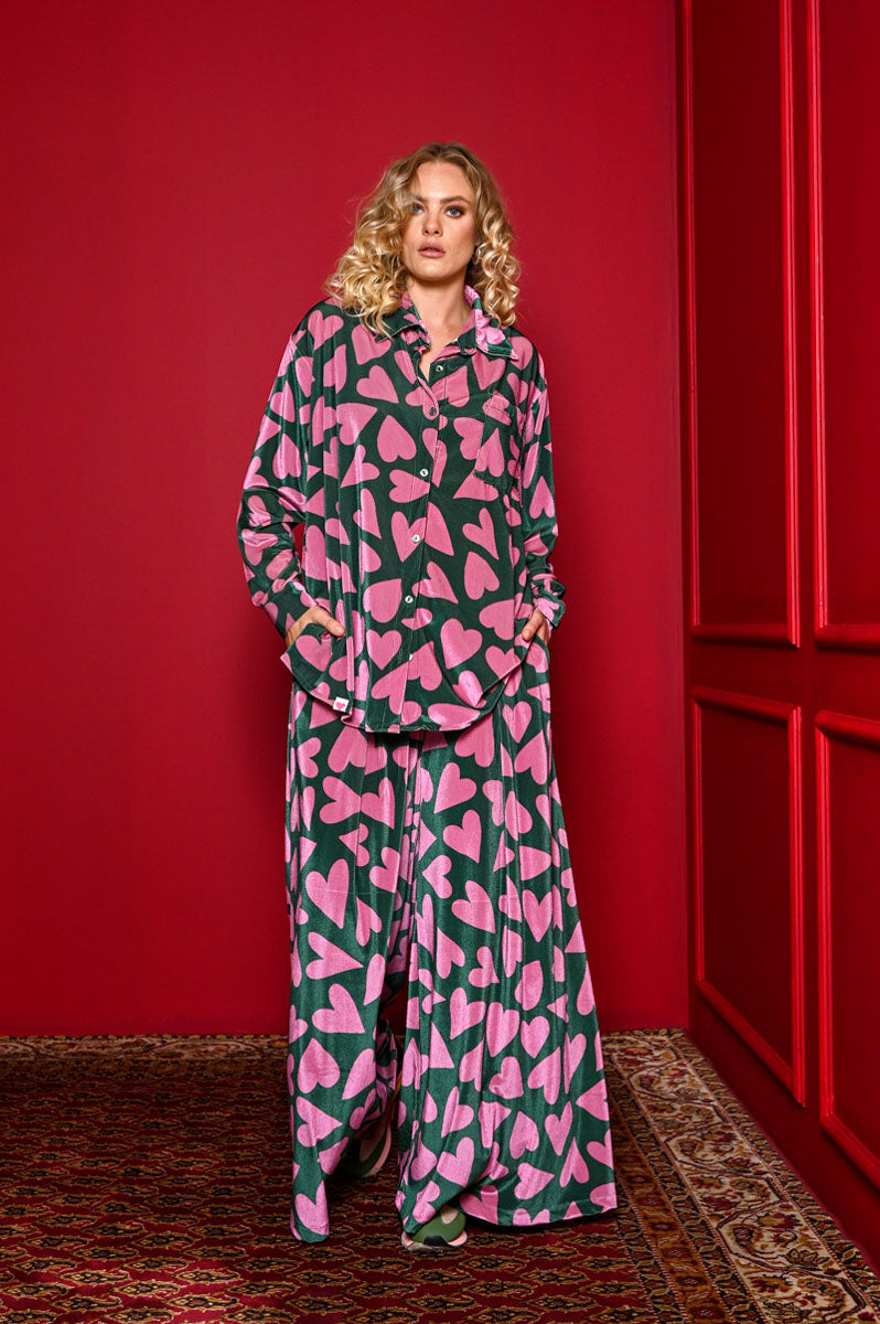 Maya Shirt Green Pink Hearts Velvet Rip Πουκάμισο Petit Boutik