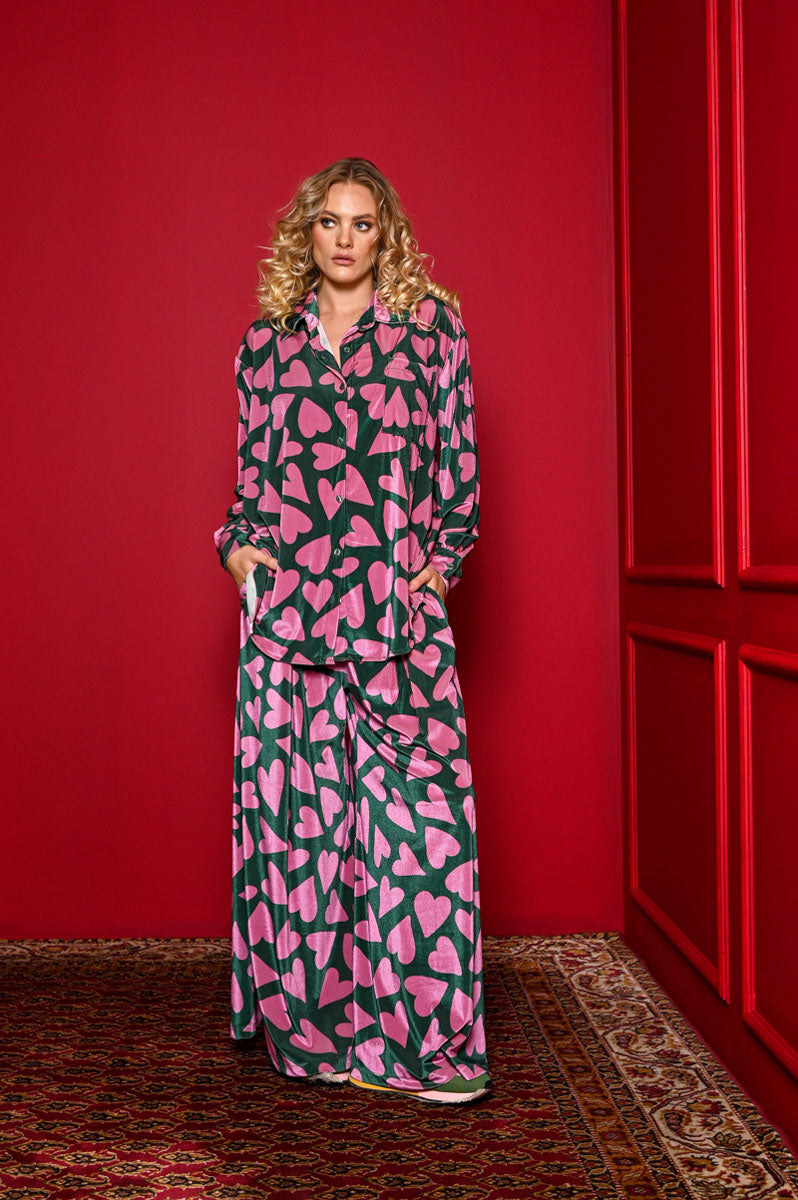Rio Pants Green Pink Hearts Velvet Rip Παντελόνα με Λάστιχο Petit Boutik