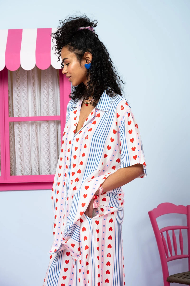 Maya Shirt Vis Blue Stripes Red Hearts Πουκάμισο Petit Boutik