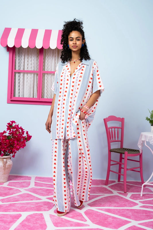 Lora Pants Vis Blue Stripes Red Hearts Παντελόνα με Τσέπες Petit Boutik