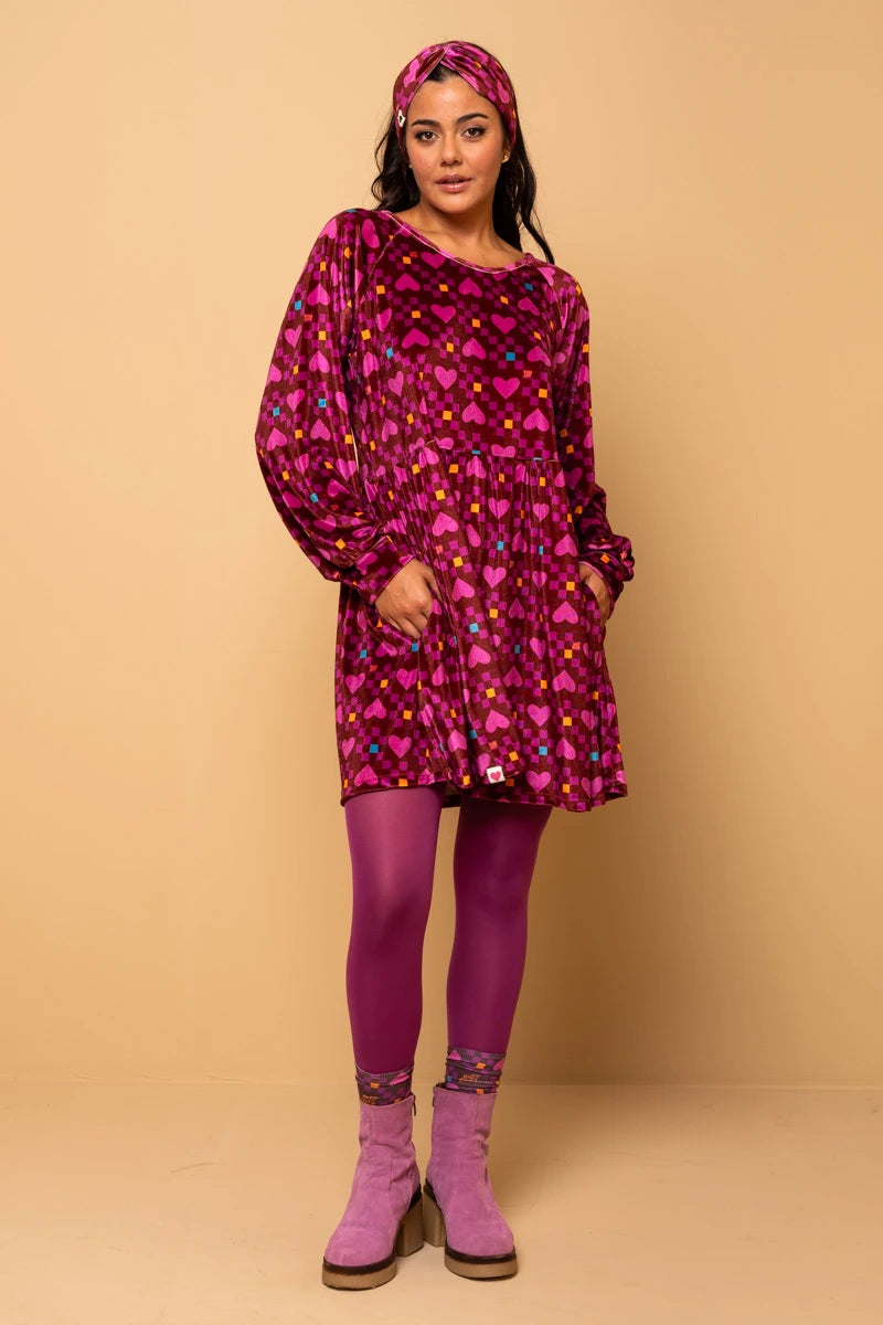 Melina Mini Dress Magenta Hearts Cubes Βελούδινο Φόρεμα με Τσέπες Petit Boutik