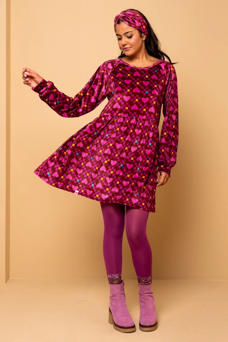 Melina Mini Dress Magenta Hearts Cubes Βελούδινο Φόρεμα με Τσέπες Petit Boutik