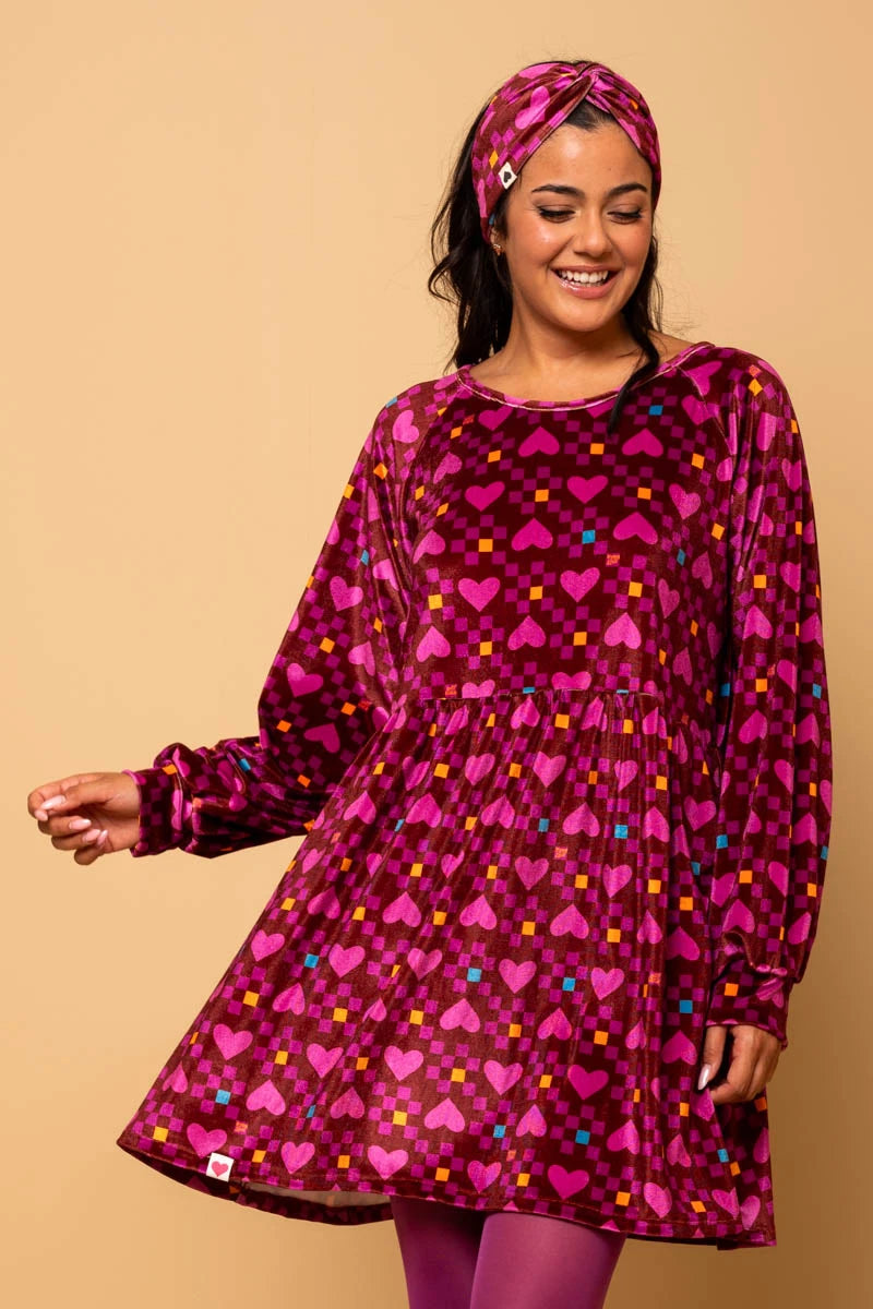 Melina Mini Dress Magenta Hearts Cubes Βελούδινο Φόρεμα με Τσέπες Petit Boutik