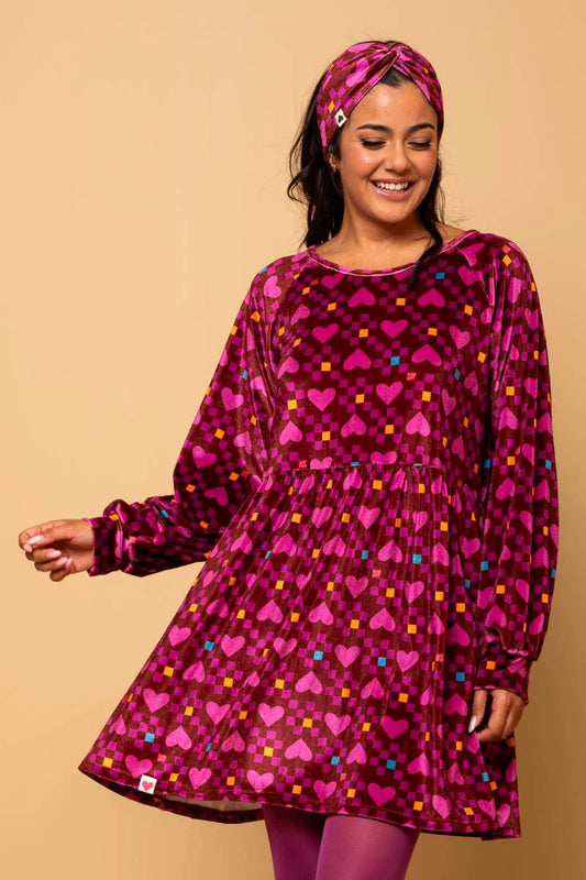 Melina Mini Dress Magenta Hearts Cubes Βελούδινο Φόρεμα με Τσέπες Petit Boutik