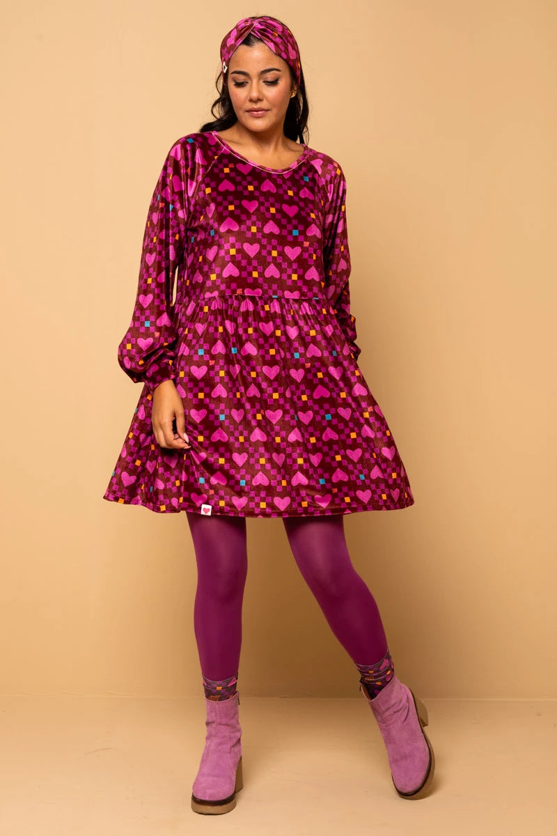 Melina Mini Dress Magenta Hearts Cubes Βελούδινο Φόρεμα με Τσέπες Petit Boutik