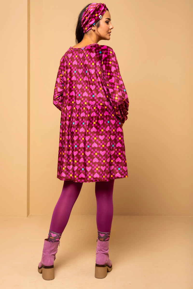 Melina Mini Dress Magenta Hearts Cubes Βελούδινο Φόρεμα με Τσέπες Petit Boutik