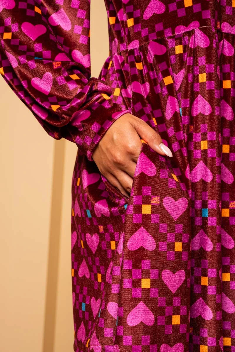 Melina Mini Dress Magenta Hearts Cubes Βελούδινο Φόρεμα με Τσέπες Petit Boutik