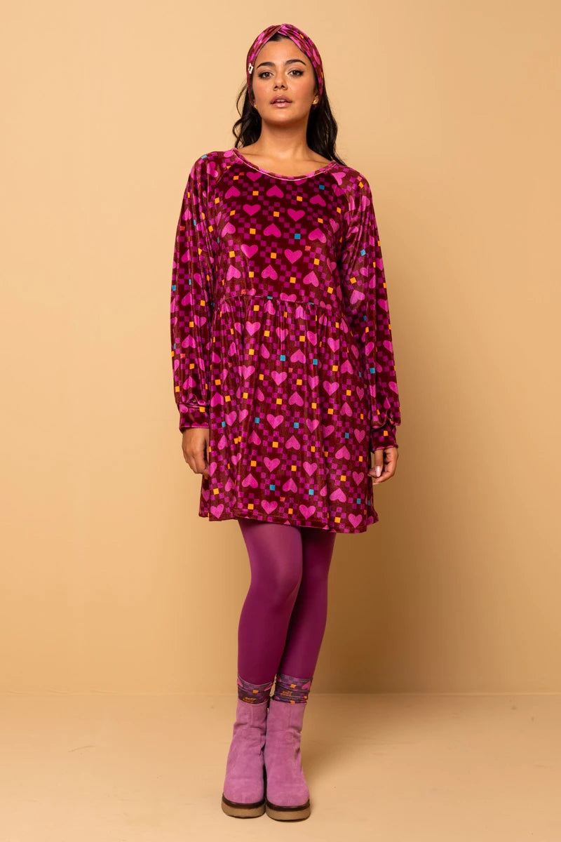 Melina Mini Dress Magenta Hearts Cubes Βελούδινο Φόρεμα με Τσέπες Petit Boutik