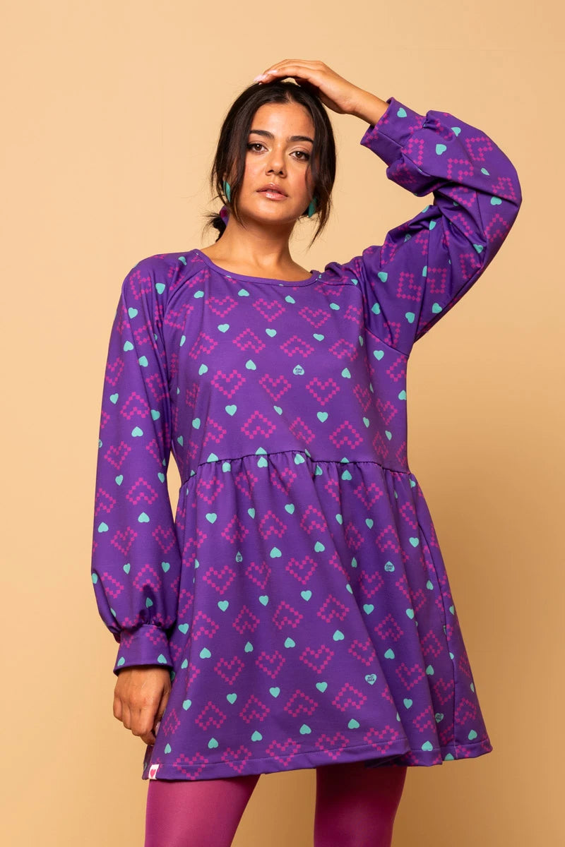 Melina Mini Dress Purple Pixel Hearts Φούτερ Φόρεμα με Τσέπες Petit Boutik