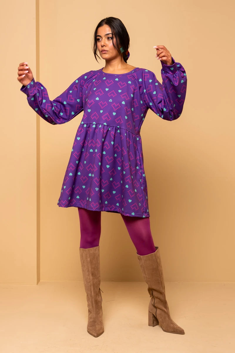 Melina Mini Dress Purple Pixel Hearts Φούτερ Φόρεμα με Τσέπες Petit Boutik