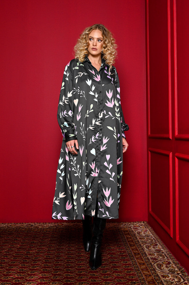 Mina Shirt Dress Black Floral Pastel Σεμιζιέ Φόρεμα με Τσέπες & Ζώνη Petit Boutik