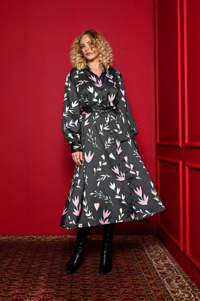 Mina Shirt Dress Black Floral Pastel Σεμιζιέ Φόρεμα με Τσέπες & Ζώνη Petit Boutik
