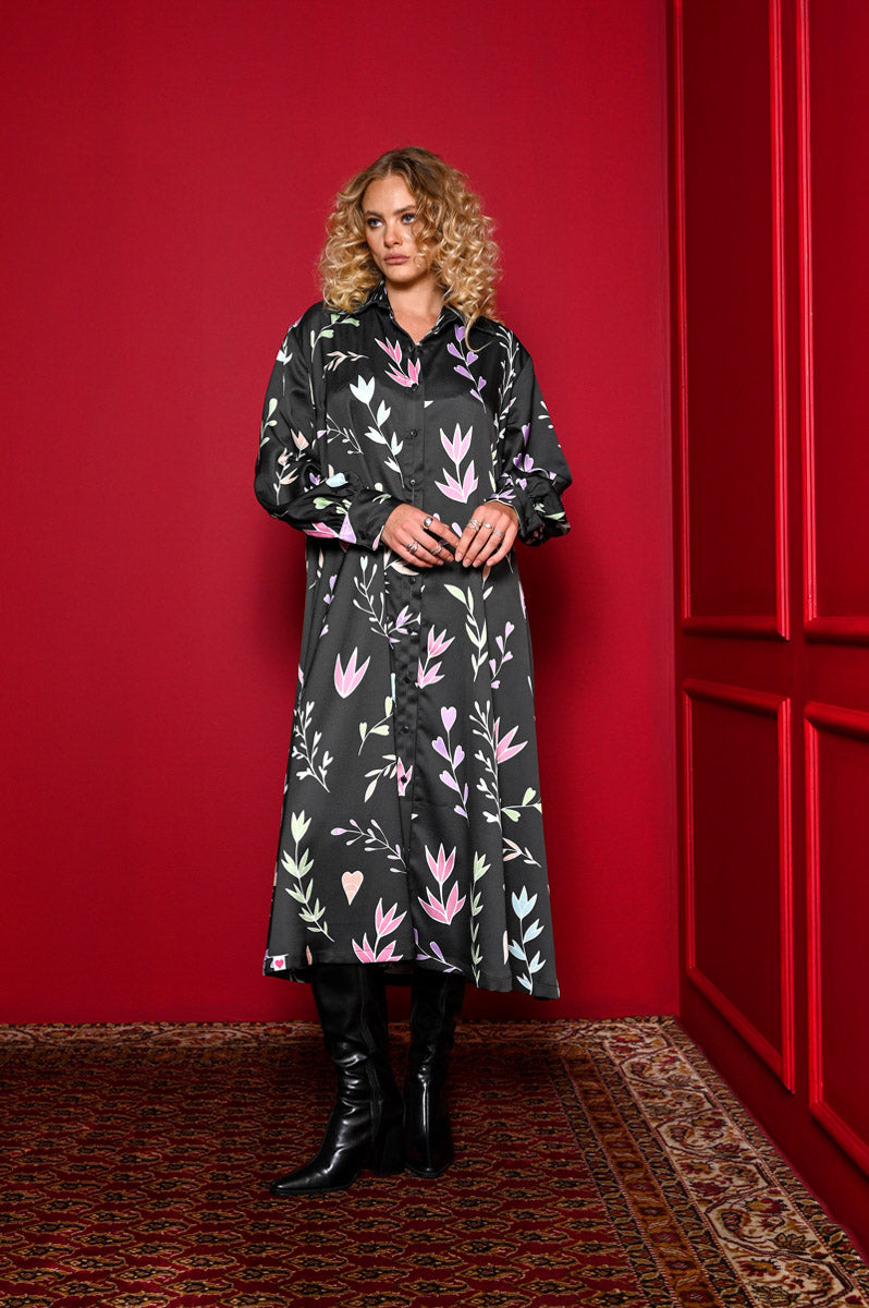 Mina Shirt Dress Black Floral Pastel Σεμιζιέ Φόρεμα με Τσέπες & Ζώνη Petit Boutik