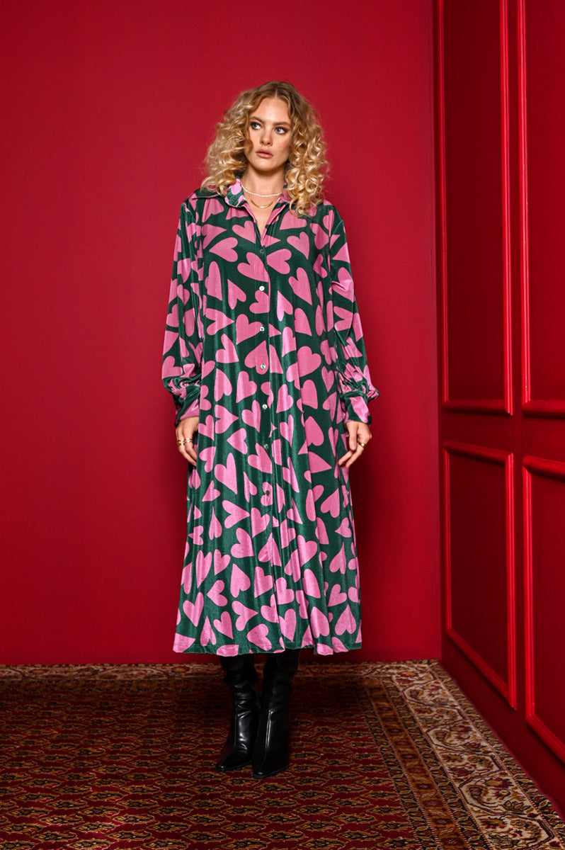 Mina Shirt Dress Green Pink Hearts Velvet Rip Σεμιζιέ Φόρεμα με Τσέπες & Ζώνη Petit Boutik