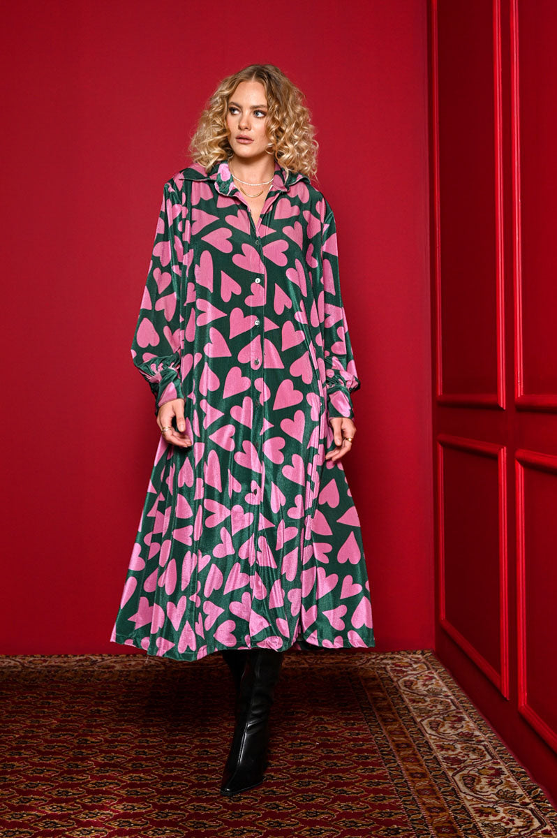 Mina Shirt Dress Green Pink Hearts Velvet Rip Σεμιζιέ Φόρεμα με Τσέπες & Ζώνη Petit Boutik