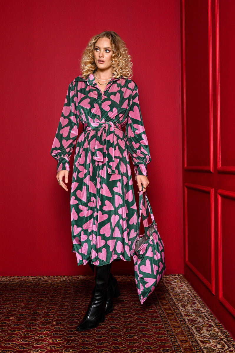 Mina Shirt Dress Green Pink Hearts Velvet Rip Σεμιζιέ Φόρεμα με Τσέπες & Ζώνη Petit Boutik