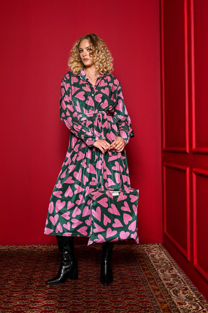 Mina Shirt Dress Green Pink Hearts Velvet Rip Σεμιζιέ Φόρεμα με Τσέπες & Ζώνη Petit Boutik