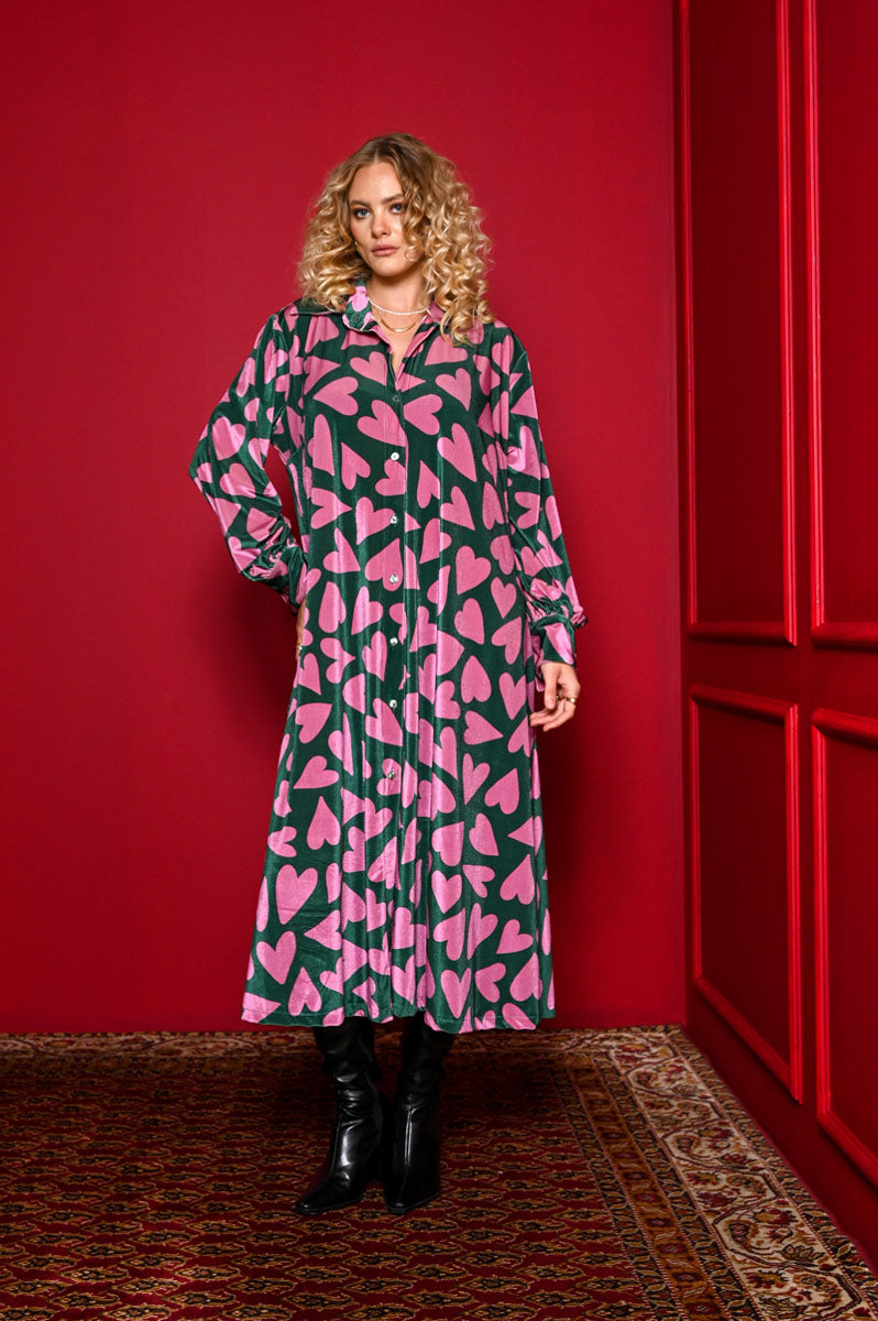 Mina Shirt Dress Green Pink Hearts Velvet Rip Σεμιζιέ Φόρεμα με Τσέπες & Ζώνη Petit Boutik