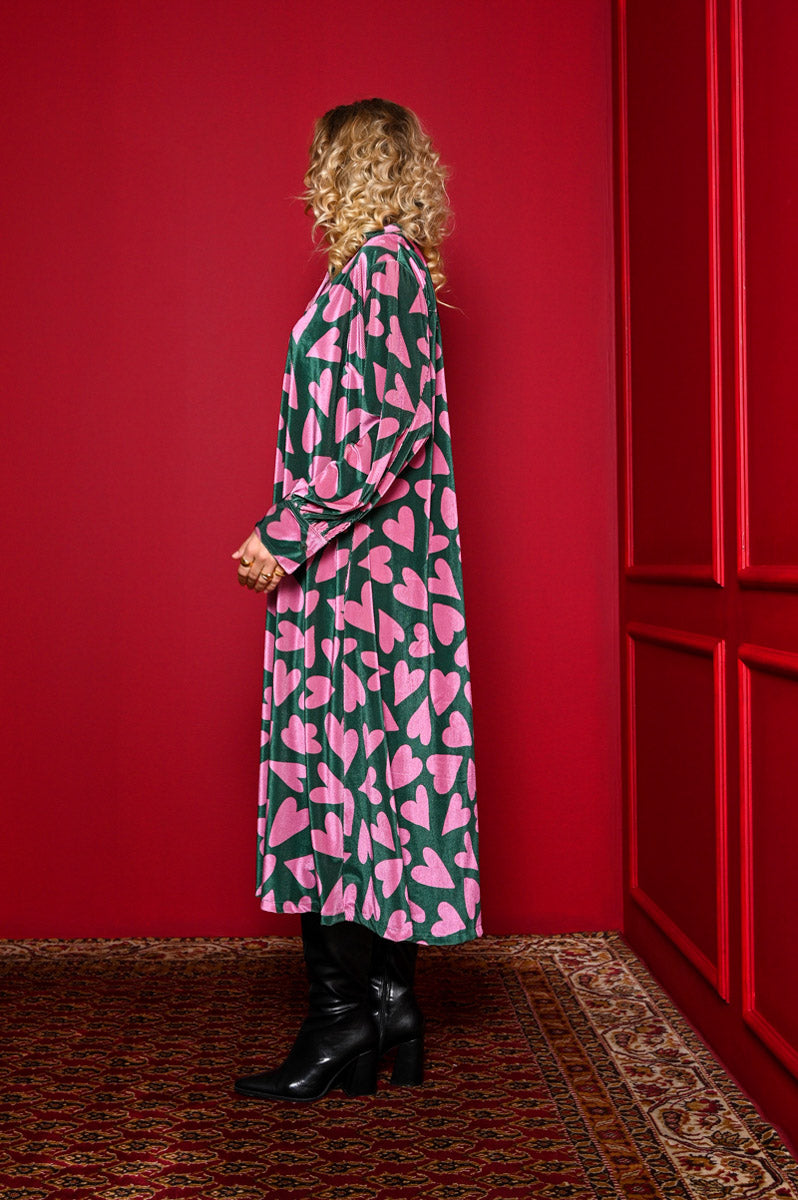 Mina Shirt Dress Green Pink Hearts Velvet Rip Σεμιζιέ Φόρεμα με Τσέπες & Ζώνη Petit Boutik