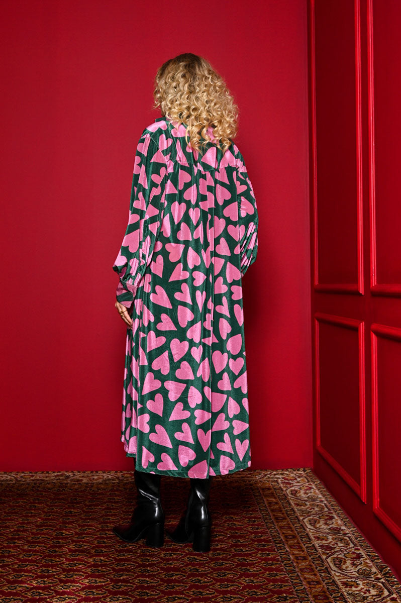 Mina Shirt Dress Green Pink Hearts Velvet Rip Σεμιζιέ Φόρεμα με Τσέπες & Ζώνη Petit Boutik