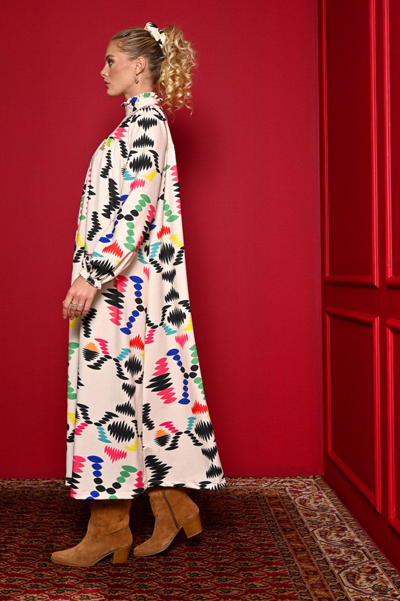 Miranda Dress Cream Aztek Prints Φούτερ Φόρεμα με Ζώνη Petit Boutik
