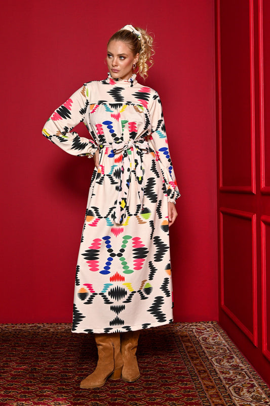 Miranda Dress Cream Aztek Prints Φούτερ Φόρεμα με Ζώνη Petit Boutik